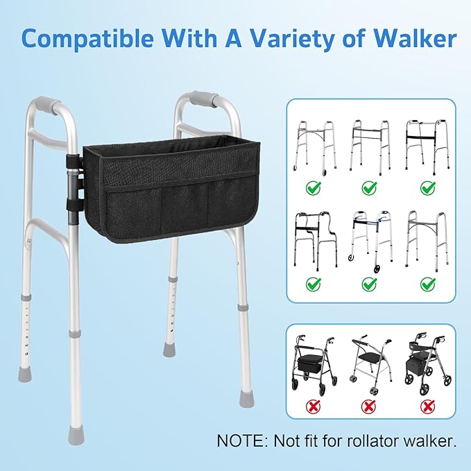 Walker Basket - Foldable Walker Bag with Cup Holder - Fits Folding Walkers - Ideal Walker Accessories for Seniors with Limited Mobility to Carry Water Bottles, Books, Essentials & More