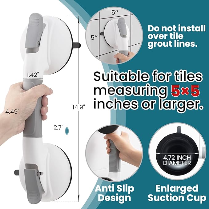 TAILI Grab Bars for Bathtubs and Showers,2 Pack Shower Handles for Elderly Suction,Maximum 330lbs,Shower Grab Bar with Upgraded Rubber Suction Cups,Safety Grip for Senior, No Drilling Removable,Grey