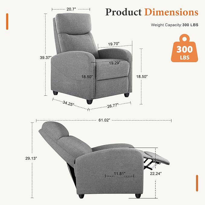 OLIXIS Recliner Chair for Adults, Home Theater Seating with Lumbar Support | Fabric Reclining Sofa for Adults, Sofa Chair Seat, Living Room, Recliners, Gray