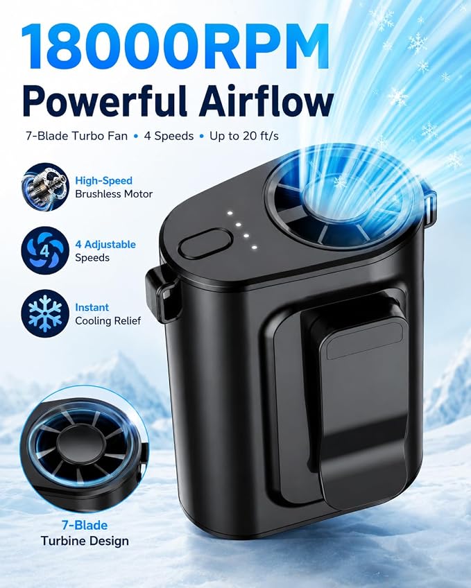Portable Waist Fan, Ultra Lightweight Wearable Clip On Fan for Shirt, Mini Personal Neck Fan for Travel, Hands Free Belt Fan with Strong Airflow, Rechargeable Small Body Fan for Women & Men