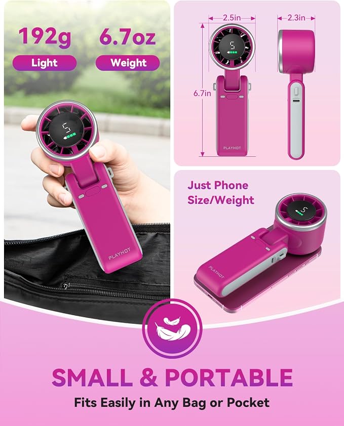PlayHot Portable Handheld Turbo Fan, Travel Essentials, Gifts for Women/Men | 5-Speed, Up to 12H, 10m/s Airflow, USB-C Rechargeable, LED Display, 3-in-1 Foldable Personal Fan for Cruise, Beach, Vacation