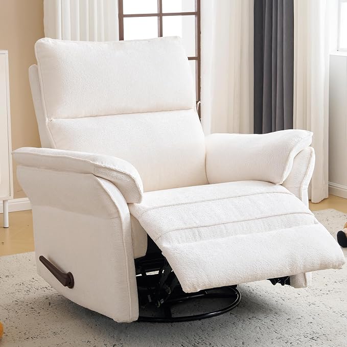 Oversized Recliner Chair, 24" Extra Wide 360° Swivel Rocker Recliner with Adjustable Headrest, Chenille Glider Rocking Nursery Chair with Overstuffed Armrest, Lumbar Support, White