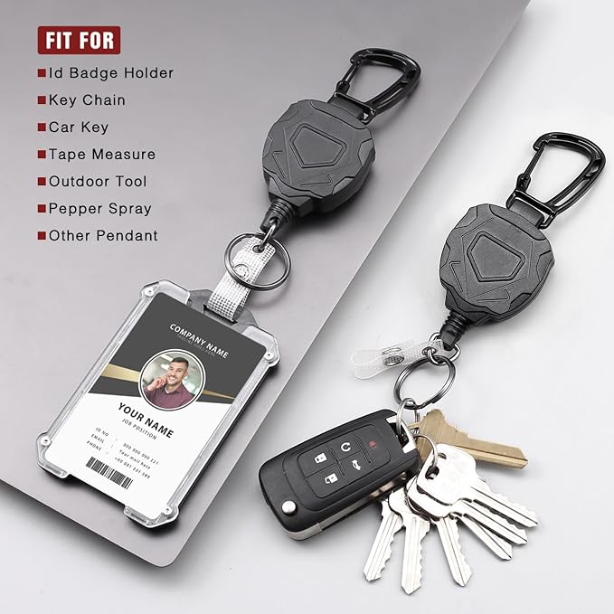 Badge Holder Retractable Clip Heavy Duty Carabiner Badge Reel Keychain with Lanyard ID Cards Holder Cool Tactical ID Holder