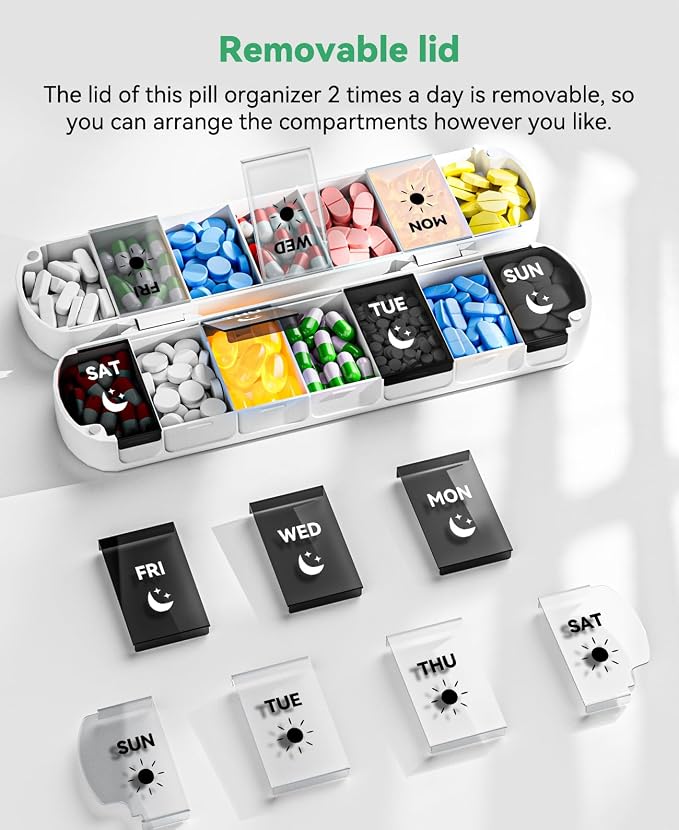Weekly Pill Organizer 2 Times a Day, Moisture-Proof 7 Day Pill Box AM PM, Foldable Travel Medicine Organizer with Magnetic Closure for Vitamins, Supplements and Fish Oils (White)