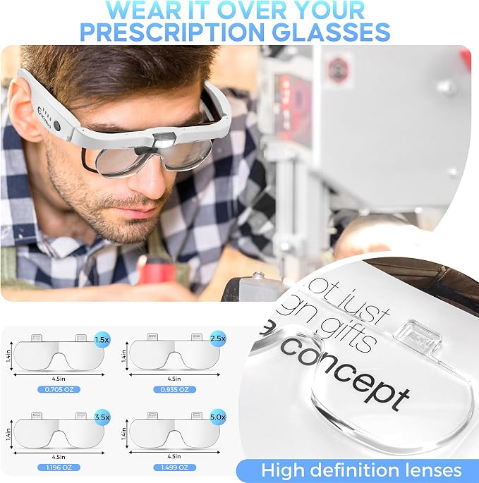 Magnifying Glass with Light, 1.5X-5.0X Magnifying Glasses 4 Lenses | Detachable,Light Weight Acrylic Lens, Rechargeable, Adjustable Magnifier Headset, Magnify Glasses for Close Work Crafts Hobby