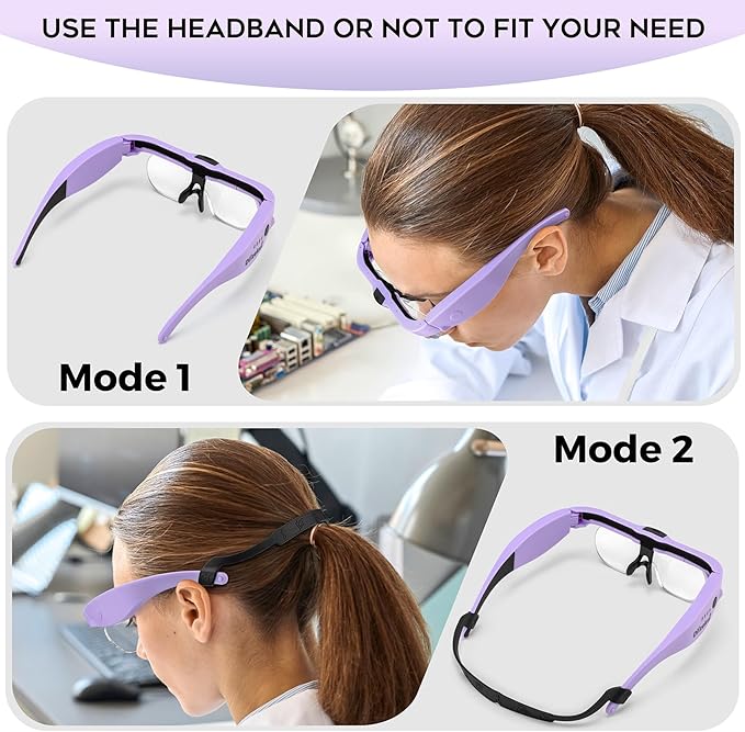 Dilzekui Magnifying Glasses w/Light,1.5X-5X Magnifying Glass Acrylic Lenses | Storage Case, Type-c Charged, Elastic Headband Magnifier, Handsfree Worn with Glasses for Close Work Craft Hobby Cross Stitch