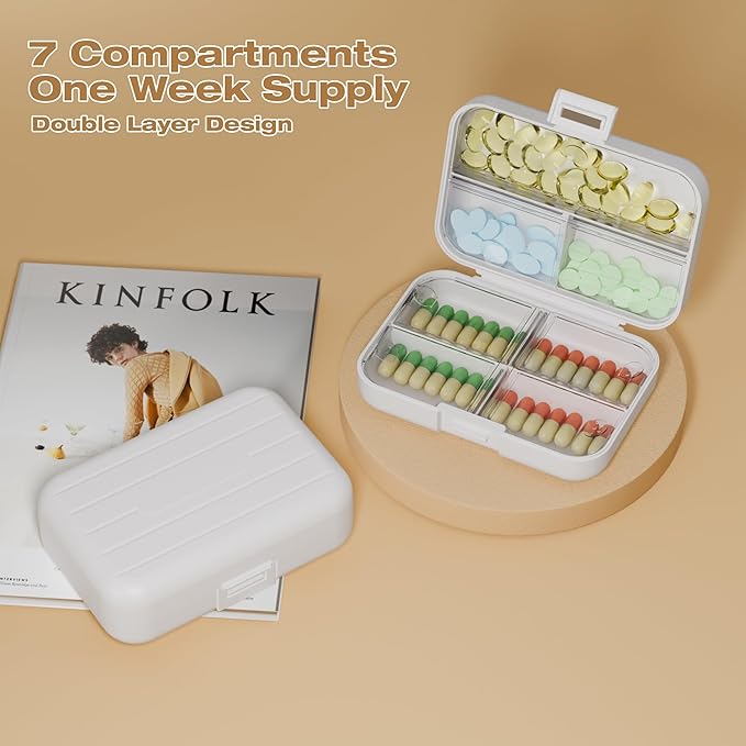 Travel Pill Box, Double Layer 7-Compartments Large Pill Organizer, Portable Weekly Pill Case Container for Pocket, 7 Day Compact Medicine Holder for Vitamins, Fish Oils, Supplements White