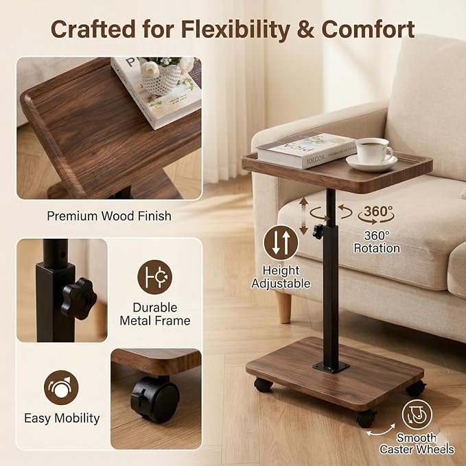 C Table End Table Adjustable Height,C Shaped End for Couch，Snack Tables,360°Swivel TV Tray Sofa Table,Tables that Slide Under,Coffee SideTable for Bed,Chair,Bath-tub,Outdoor(Walnut Color)