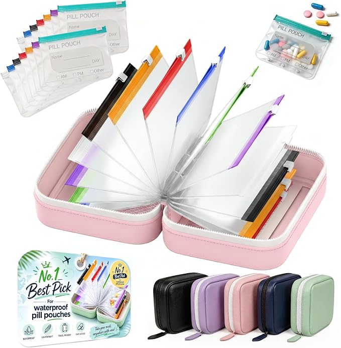 14 Day Travel Pill Kit Personal Medicine Organizer Case Set A8 Waterproof Pill Pouch for Travel Small Portable Storage Binder Style with Bags Cute Medication Purse Zipper Pocket (Pink-14 Pouches)