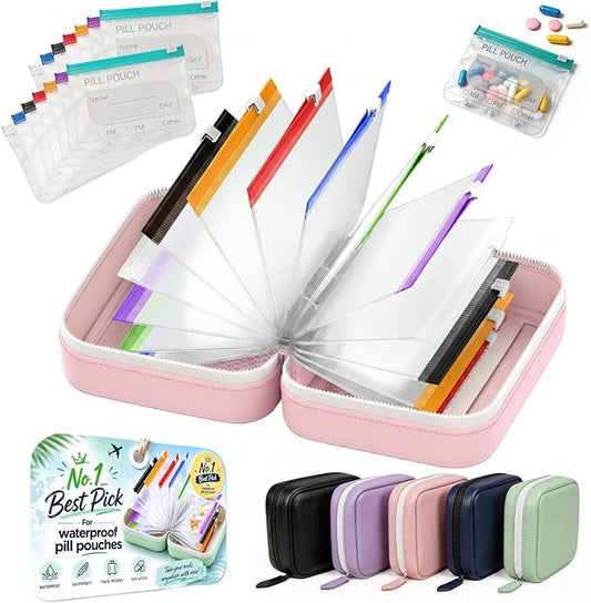 14 Day Travel Pill Kit Personal Medicine Organizer Case Set A8 Waterproof Pill Pouch for Travel Small Portable Storage Binder Style with Bags Cute Medication Purse Zipper Pocket (Pink-14 Pouches)