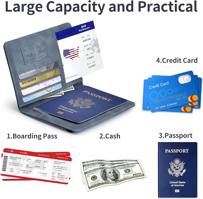 Passport Holder, Passport Cover with Credit Card Slot and Boarding Pass Slot Combo, Passport Wallet Case Book Travel Must Have, RFID Blocking Leather Travel Accessories, Marine Grey