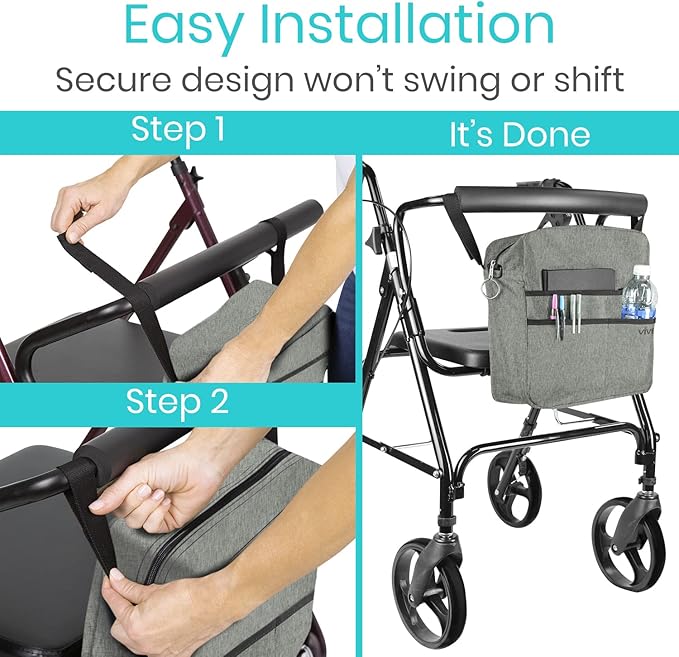 Vive Wheelchair Bag - Machine Washable, Double-Stitched, Water-Resistant Accessory Backpack for Rollators, Wheel Chairs, Walkers - Pouch with XL Pockets & Straps for Quick Installation