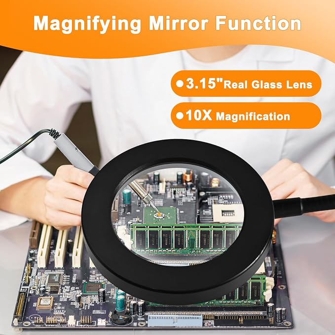 10X Magnifying Glass with Light and Timer, 2 in 1 Magnifying Desk Lamp, 3 Color Modes 10 Dimmable Brightness, Flexible Gooseneck Magnifier with Light for Craft Hobby Painting Sewing Close Work