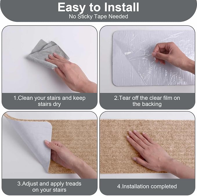 15 PCS Non Slip Stair Treads for Wooden Steps – 8"x30" Indoor Non Slip Stair Treads, Carpet Stair Mats with Self-Adhesive Backing, Removable & Machine Washable – Beige