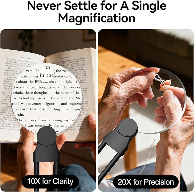 2 in 1 Hands Free Magnifying Glass, Desktop Cell Phone Stand, 10X 20X Magnifying Glass for Reading, Flexible Lazy Bracket DIY Free Rotating on Table, for Sewing, Cross-Stitching