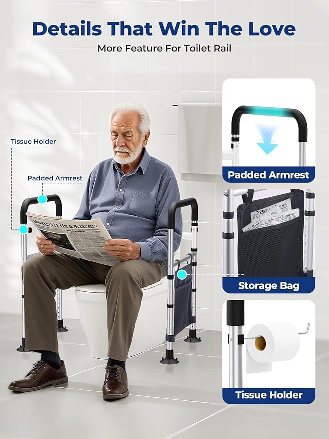 Toilet Safety Rails, Height & Width Adjustable Detachable Toilet Safety Frame for Seniors, Elderly & Disabled, Foldable Handicap Toilet Rails with Handles Storage Bag, Tissue Holder (350LB)