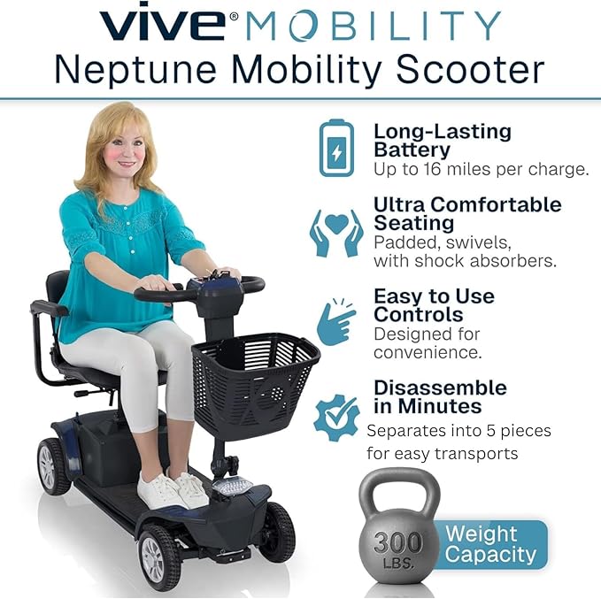 Vive Mobility Scooter for Seniors - 4 Wheel Electric Wheelchair Scooter for Adults, Elderly - Motorized Power Wheel Chair Mobility Aid - Motor Medical Device for Safe, Comfortable, Long-Range Travel