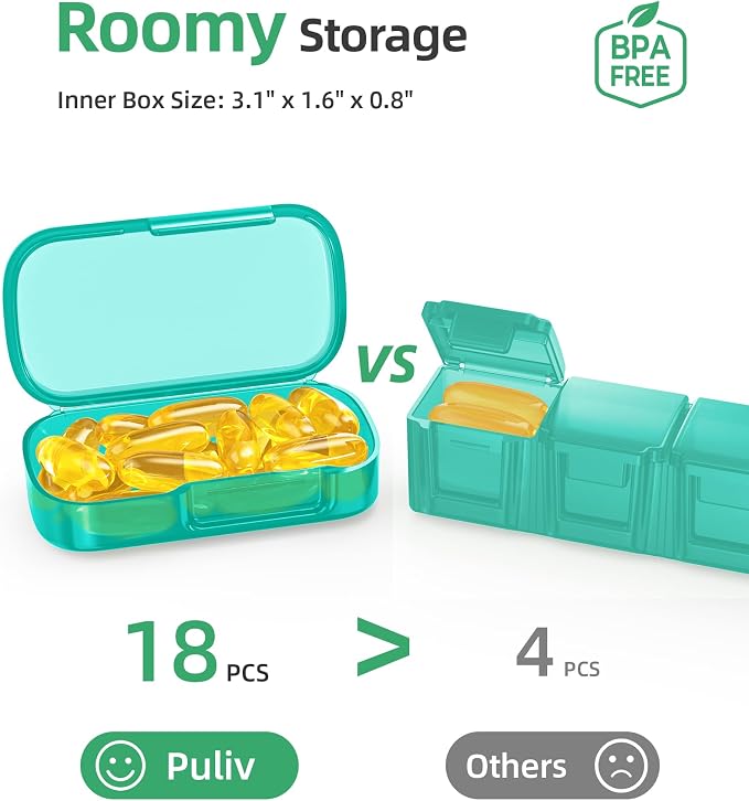 PULIV Weekly Pill Organizer with Large Capacity, Dual Protection Pill Box 7 Day, Arthritis Friendly Pill Case Easy to Open, Medicine Organizer for Vitamins, Medications, Fish Oils, Supplements (Cyan)