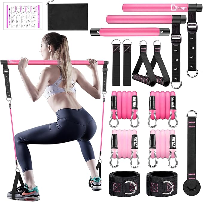 Bbtops Pilates Bar Kit with Resistance Bands,Pilates Bar with Stackable Bands Workout Equipment for Legs,Hip,Waist and Arm,Exercise Fitness Equipment for Women & Men Home Gym Yoga Pilates
