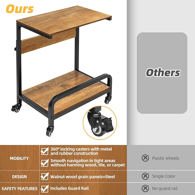 2-Tier Computer Tower Stand Adjustable, Gaming PC Floor Stand Large for ATX, E-ATX, ITX, Rolling PC Tower Cart with Guardrail, Metal Locking Wheels, 32.7" X 21.6" X 15.8",Walnut