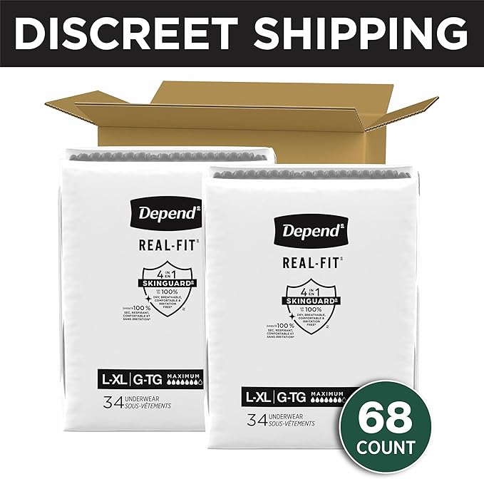 Depend Real Fit Adult Diapers, Incontinence Underwear for Men, Disposable, Maximum Absorbency, Large/Extra Large, Black, 68 Count, Packaging May Vary