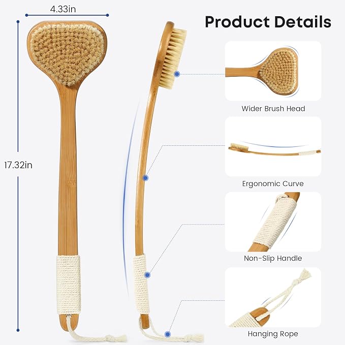 eaxun 17.3 Inches Bamboo Back Scrubber with Curved Long Handle for Shower | Exfoliating Shower Brush with Natural Boar Bristles for Men and Women, Anti-Slip Grip Back Washer for Bath or Dry Brushing