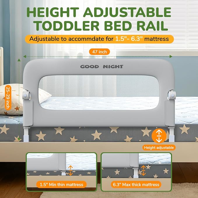 Bed Rail for Toddlers, 47 Inch Toddler Bed Rails, Bed Rail for Baby(Grey) | Adjustable Heights, Folding up Portable, Safe Metal Frame, For Baby, For Crib, Twin, Bunk, Full Size, Queen & King Bed
