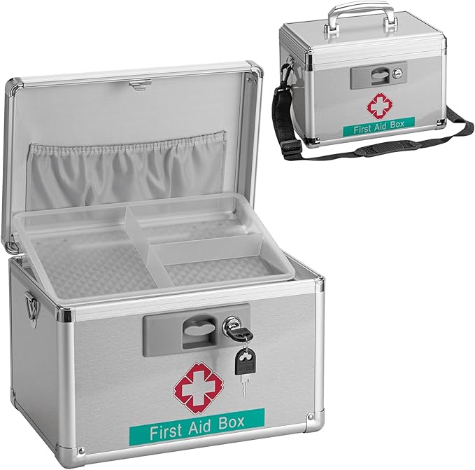 GODLONSEN Medicine Storage Box with Key for Safe Medication - 13.4 x 7.6 x 8.2 Inches - Empty Lockable First Aid Box Organizer Container for Drugs for Home, Dorm, Office, Outdoor (Silver/Large)