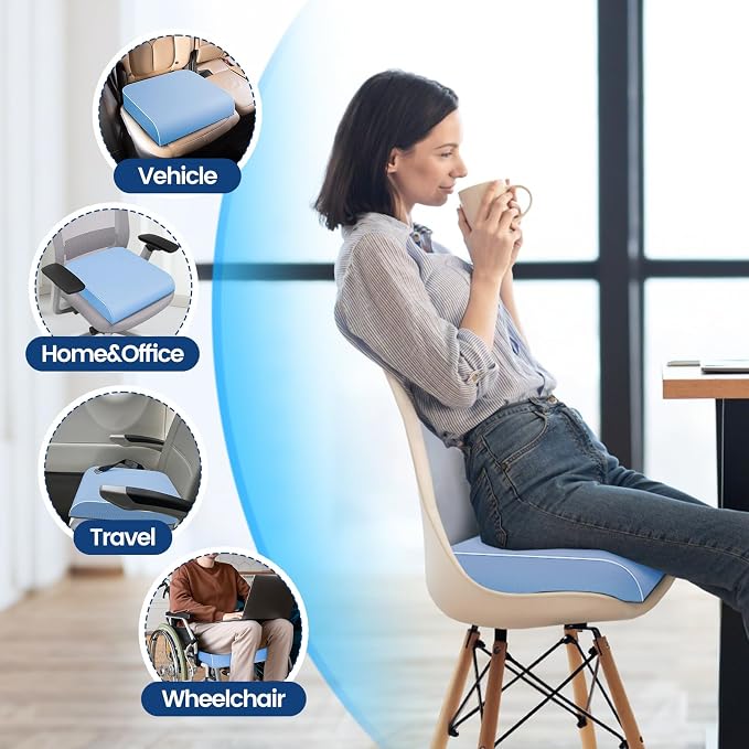 SweetSlubr Seat Cushion for Tailbone Pain Relief, Office Chair Cushion, Memory Foam Large Chair Pad with Non-Slip Cover for Soft Support at Office Chair, Car Seat, Airplane Light Blue/X-Large