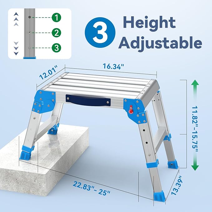 Work Platform 600 Lbs, Foldind Step Stool with One-Touch Automatic Fold, 3 Height Adjustment Step Platform, Perfect for RV Cleaning, Home Painting and Reaching High Places, Standard