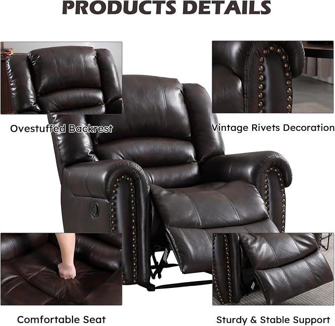 Leather Recliner Chair, Classic and Traditional Manual Recliner Chair with Comfortable Arms and Back Single Sofa for Living Room, Dark Brown