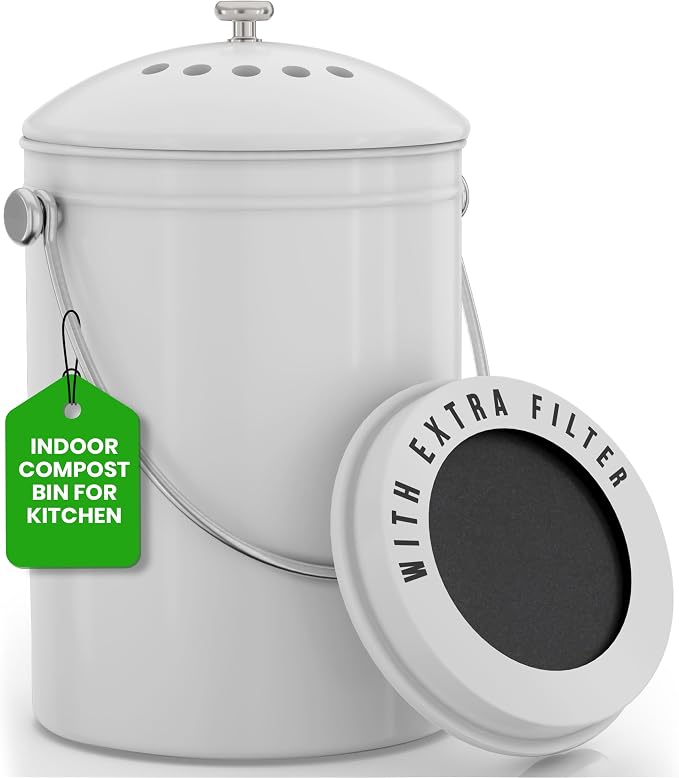 Utopia Kitchen Countertop Compost Bin 1 Gallon, Stainless Steel, White | Odorless countertop compost bin with charcoal filter, ideal for food scraps and waste