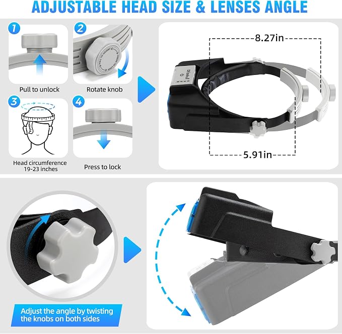 Dilzekui Rechargeable Magnifying Glasses for Close Work 1.5X to 3.5X Lenses | with Adjustable Light, Opitcal Arylic Lens, Lightweight Magnify Headset, Handsfree Head Magnifier for Jewelers Hobbies Crafts