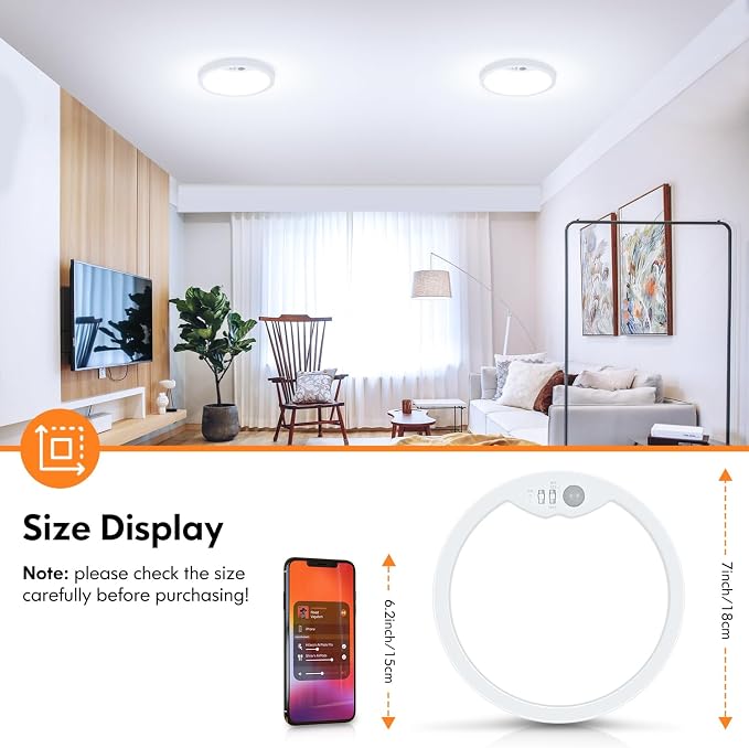 7 Inch Motion Sensor Ceiling Light Wired for Closet, Hallway | 2700K/4000K/6500K Adjustable, Non-Dimmable Motion Sensor Light Indoor for Laundry, Garage, Stairs, with Timer, 15W 1500LM