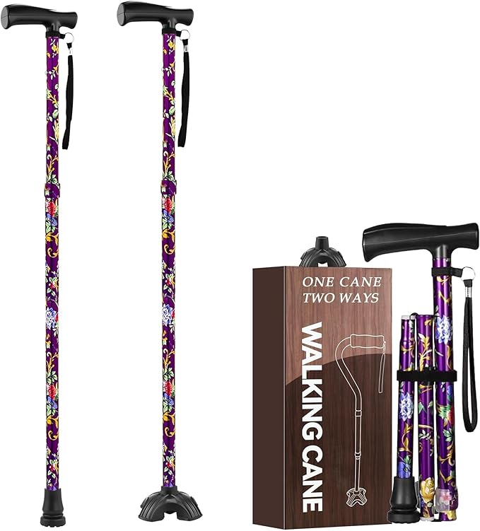 Floral Canes for Women Folding Cane for Stability with Non-Slip Base, Adjustable Walking Cane for Seniors - Lightweight Collapsible Walking Sticks with T & Offset Handle