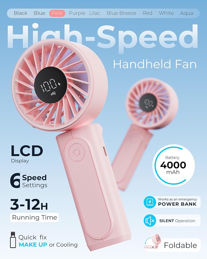 Peiyuu Handheld Portable Fan, 4000mAh USB Rechargeable Personal Fan, 180° Foldable Mini Desk Fan with 6 Wind Speed, LCD Digital Display, Lanyard as Neck Fan, Ultra Quiet