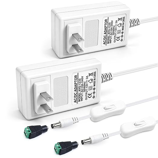 2 Pack 12V 2A Power Supply, 24W 12 Volt DC Power Adapter with On/Off Switch, 110V AC to 12V Wall Plug Transformer for LED Strip Lights with 5.5/2.1mm DC Female Connector