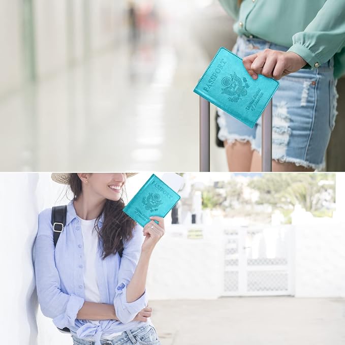 Passport and Vaccine Card Holder Combo with Vaccine Card Slot, Passport Wallet, Passport Cover/ Case for Women and Men(AK-turquoise)