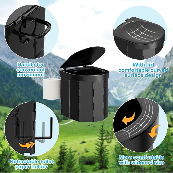 Portable Camping Toilet, Folding Toilet for Adults with Lid and Retractable Toilet Paper Holder, Waterproof Porta Potty with Carry Bag and Disposible Liners