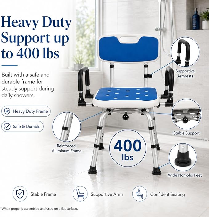 Deluxe Swivel Shower Chair with Arms & Back by CZMY, 360° Locking Seat, 5-Level Height Adjustable, Padded Heavy-Duty Bath Chair, 300 lbs, for Seniors, Elderly, & Disabled (Blue with Flip-Up Arms)