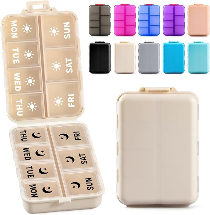Foldable & Portable Weekly Pill Organizer 2 Times a Day with Clear Printed Labels - 7 Day AM PM Medicine Box, Week Daily Travel Pill Meds Case Holder for Medications, Vitamin, Supplement - Khaki