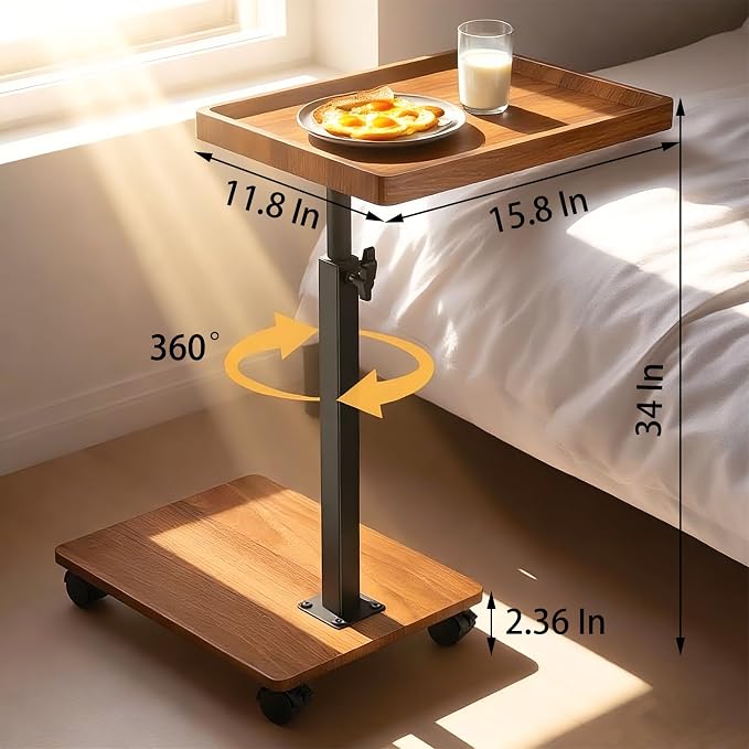 Adjustable Height Couch Tables that Slide Under Sofa, 360° Swivel Modern Tv Tray Table with Wheel, C Shaped End Table for Couch, C Table for Small Place, Perfect for Livingroom, Bedroom