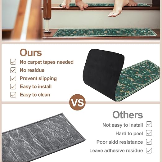 OJIA Insect Stair Treads Non Slip Stair Runner for Wooden Steps 4PCS 8"x30" | Rubber Carpet Stair Treads for Wood Stairs Indoor Staircase Step Treads for Kids & Dogs, Stair Covers, Dark Green