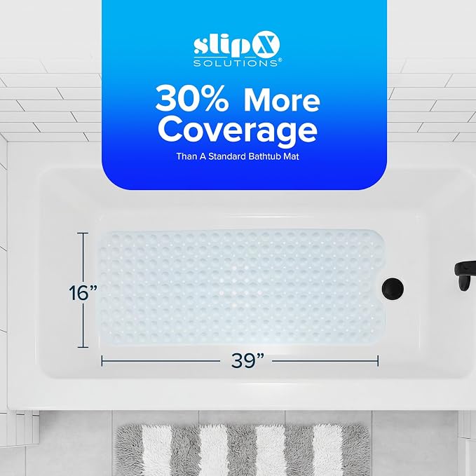 SlipX Solutions Power Grip Extra Long Bath Tub & Shower Mat 39x16, Wet Floor Non-Slip for Elderly & Kids Bathroom, 30% Longer Bathtub Mats, 200 Suction Cups, Drain Holes (White)