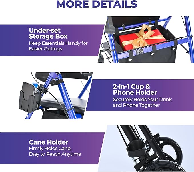 Metro Mobility 2 in 1 Rollator Walker & Transport Wheelchair, Foldable Lightweight Rollator Walker with Seat, 8" Big Wheels for All Terrain, 300 lb. Weight Capacity, Blue
