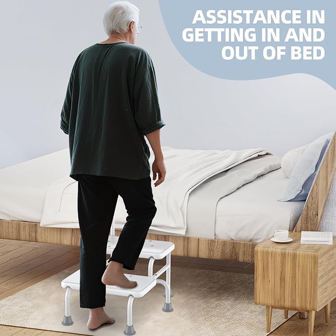 2 Step Stool with Handle for Elderly Heavy Duty Bed Steps for High Beds for Adults Two Step Stools for Seniors with Adjustable Handrail Non-Skid Platform LED Light Foot Stool for Kitchen Room (White)