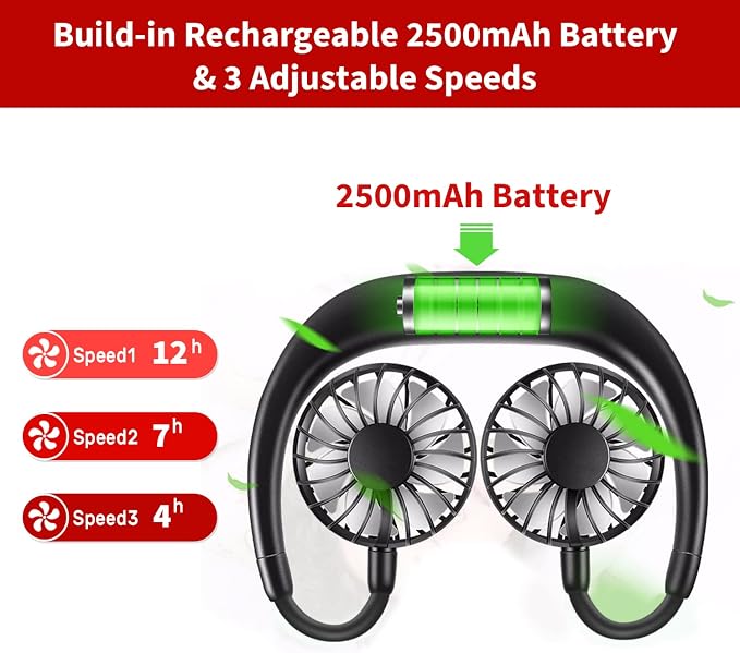 JUANANIUG Portable Neck Fan Rechargeable Personal HandFree Fan Mini USB Wearable Neckband Sport Fan 3 Speed Adjustable 360 Degrees Rotation Perfect for Working Traveling Office Reading (Full Black)