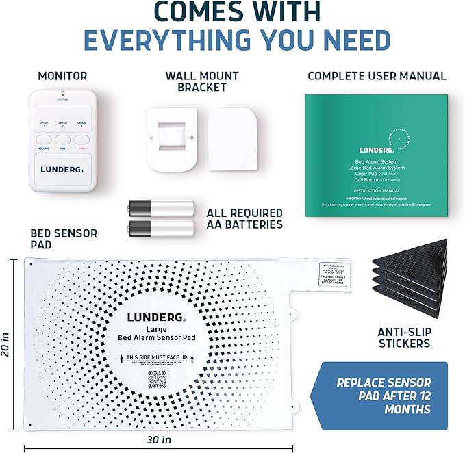 Lunderg Large Bed Alarm for Elderly Adults - Wireless Sensor Pad (20” x 30”) & Pager - Safety Bed Alarms and Fall Prevention for Elderly and Dementia Patients - for Patients That Move a lot