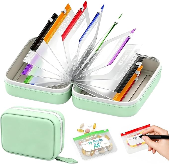 2026 Upgraded A8 Waterproof Pill Pouch Set, 14 Color-Coded Zippered Pouches, 2-Week Travel Medicine Organizer for Vitamins, Supplements, Prescriptions, Jewelry & Small Essentials
