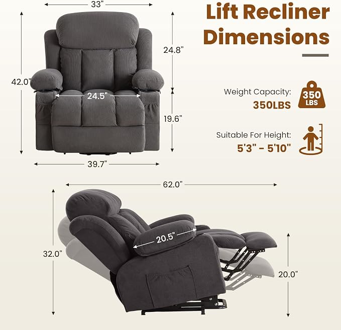 Electric Power Lift Recliner Chair Sofa with Massage and Heat for Elderly,Lift Chair with Cup Holder & Side Pockets for Living Room